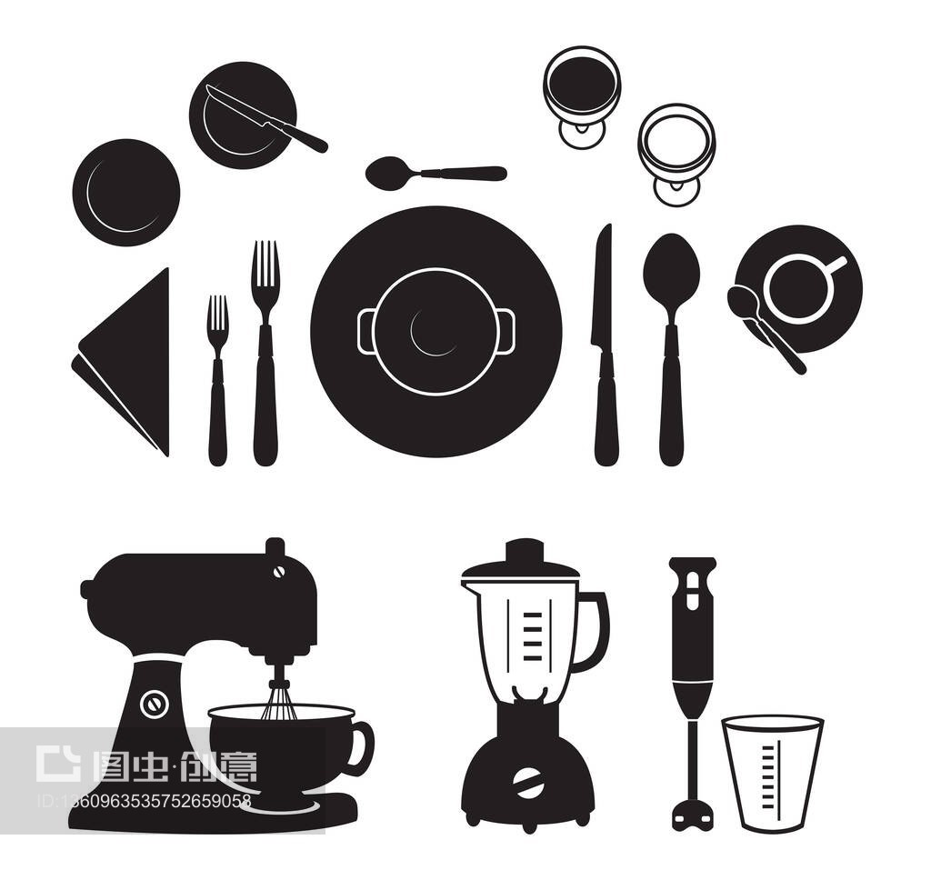 一套厨具和器具剪影手绘矢量插图。厨房电器,电子产品,黑色矢量图标剪影。
